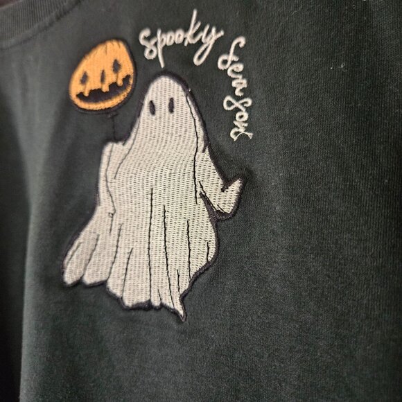 Halloween Sweatshirt Womens Small Green Spooky Season Embroidered Ghost Pumpkin - Picture 2 of 6